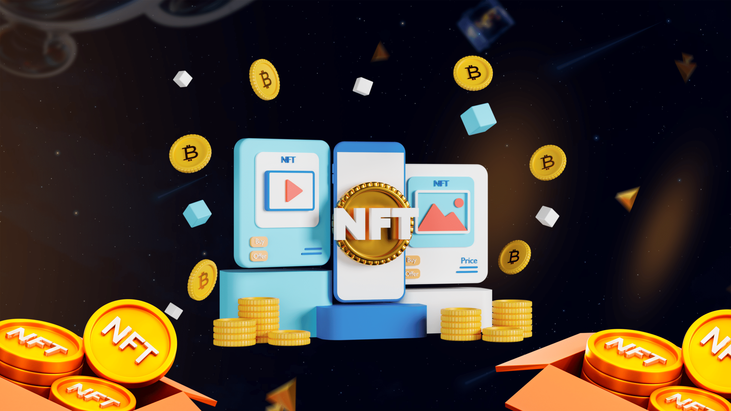 Infographic timeline of the history of NFTs, featuring key milestones like Bitcoin colored coins in 2012, Rare Pepes in 2016, CryptoPunks and CryptoKitties in 2017, Beeple’s $69 million NFT sale in 2021, and major NFT trends leading into 2025.