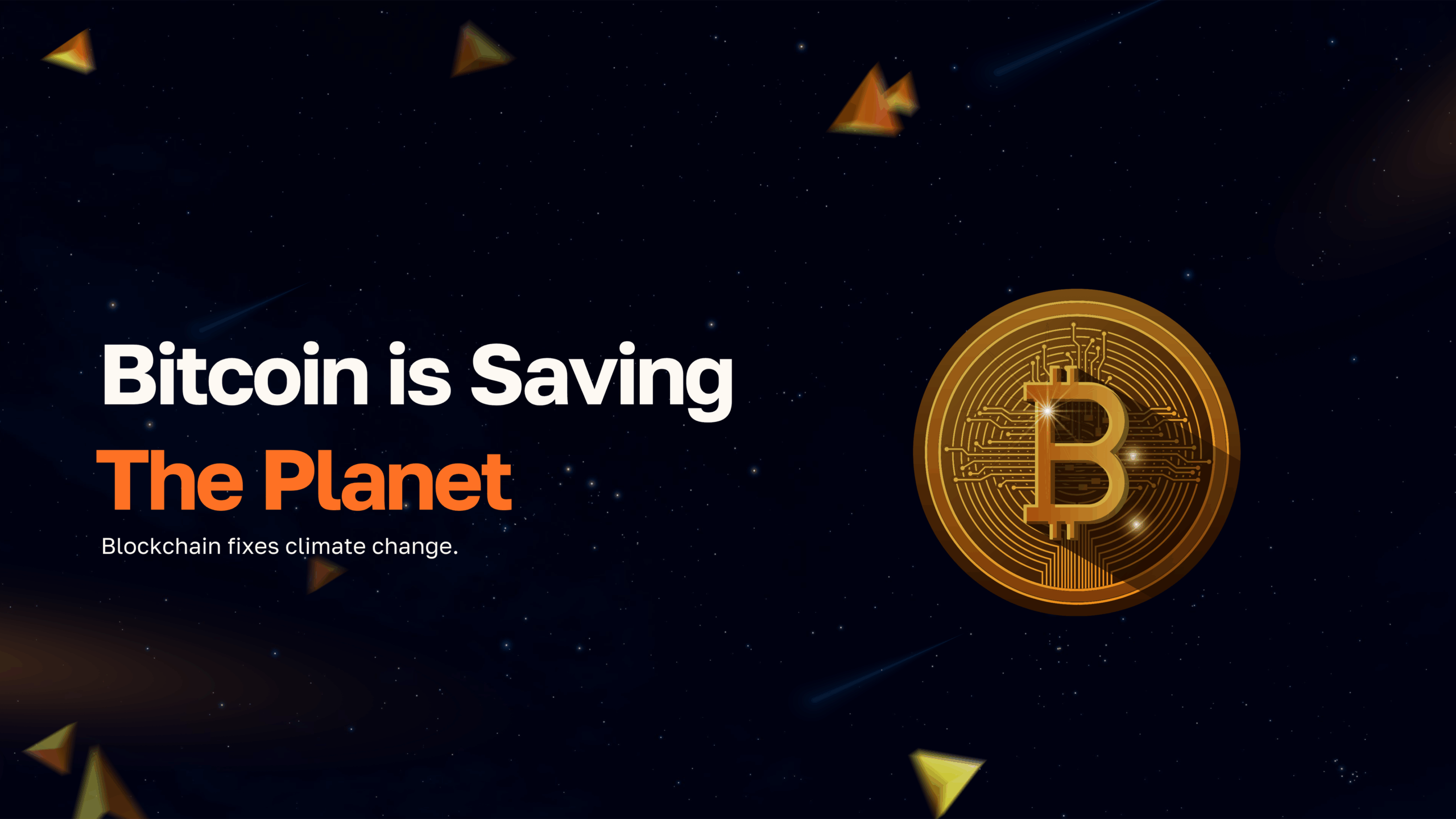 Illustration of blockchain technology intersecting with renewable energy sources, representing how blockchain supports climate change solutions.